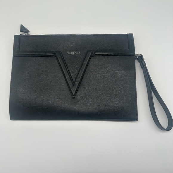 EUC Versace Black Leather Clutch with Dust bag - Picture 1 of 10